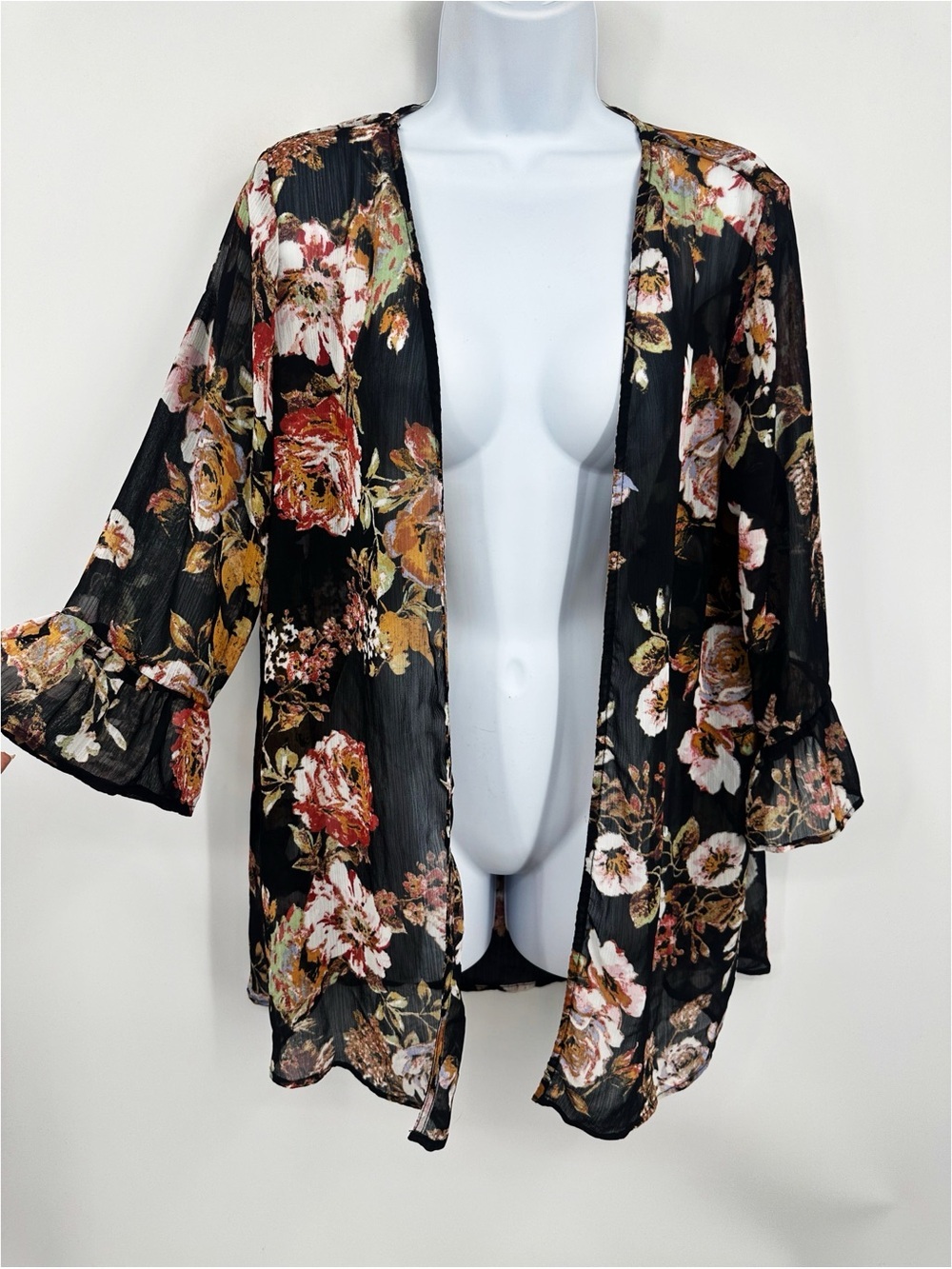 Xhilaration Black Floral Kimono Size Large Whimsical Boho Fairy Grunge